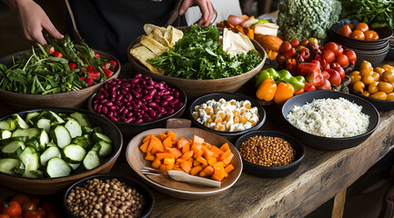 Fototapeta premium A vibrant display of fresh vegetables and legumes arranged in bowls on a rustic table, showcasing a variety of colors and textures.
