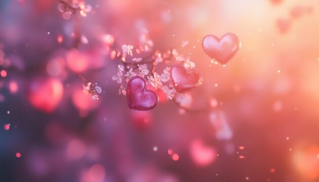 Delicate Pink and Purple Blossoms with Sparkling Hearts Romantic Spring Background