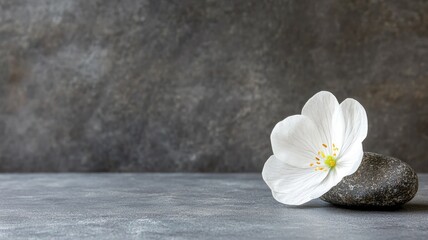 Fototapeta premium Single white flower on smooth stone against textured background, evoking simplicity and tranquility