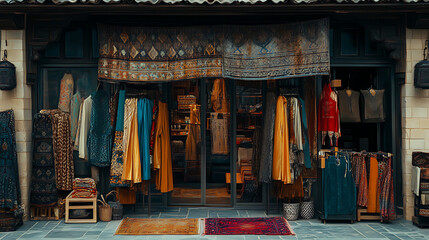 Vibrant textile shop displaying colorful fabrics and garments, inviting customers in a bustling market