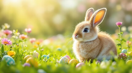 Fototapeta premium Cute Easter bunny sitting in a field of flowers with colorful eggs. Springtime celebration and holiday concept
