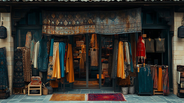 Vibrant textile shop displaying colorful fabrics and garments, inviting customers in a bustling market