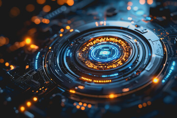 Close up of a circular object with bright lights glowing abstract design modern art colorful led illuminations artistic display vibrant colors circular shape in focus