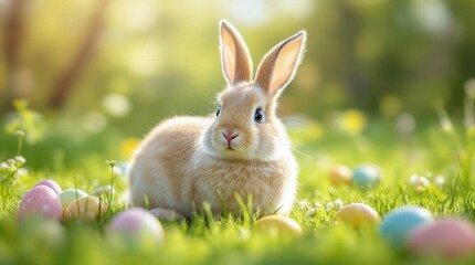 Fototapeta premium Cute Easter bunny sitting in a field of flowers with colorful eggs. Springtime celebration and holiday concept