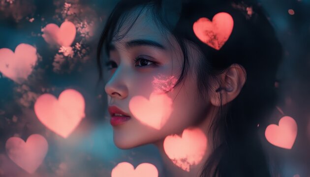 Dreamy Portrait of a Woman Surrounded by Hearts