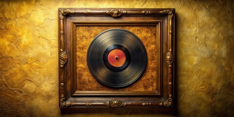 Old vinyl record with a retro frame on a yellowish background, warm lighting, worn leather
