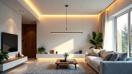 Fototapeta premium Modern Home Interior with Suspended LED Strip Lights