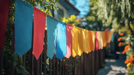 Colorful fabric banners decorate a sunny garden path in early summer