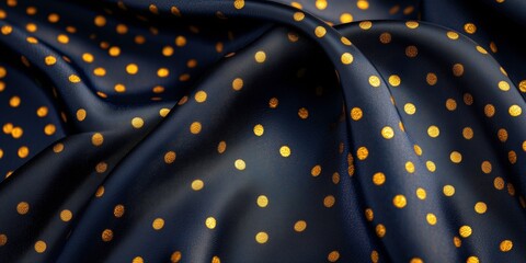 Navy Blue and Gold Polka Dot Fabric: A close-up shot of luxurious navy blue fabric with a subtle sheen, adorned with a timeless polka dot pattern in a rich gold hue.