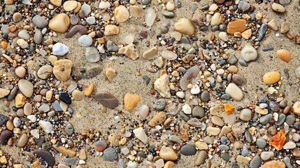 A close-up of sand and pebbles on a beach.