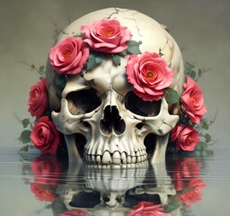 Illustration of human skull with roses.