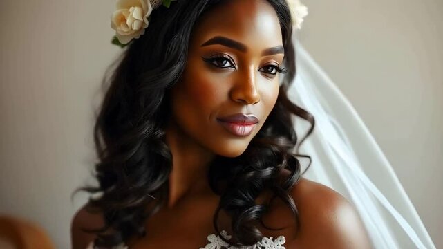 African American bride with a radiant smile, adorned in a strapless wedding dress with floral embroidery, wearing a sparkling tiara, her hair styled in loose waves