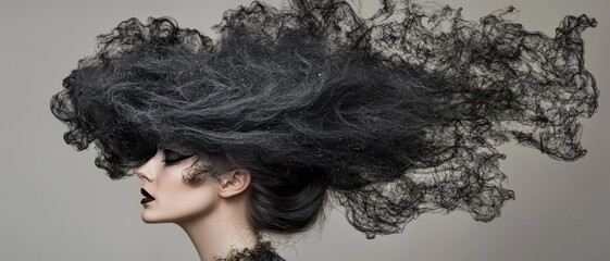 Fototapeta premium Avant-Garde Fashion Model with Dramatic Black Hairstyle and Makeup
