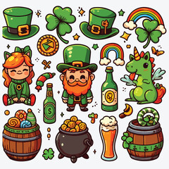 Saint Patricks Day cartoon set stock illustration