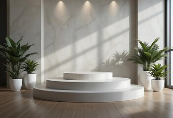 White 3d modern minimalist podium with indoor plants pedestal product display for product placement with