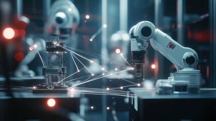 Fototapeta premium An arrangement of robotic equipment with fine details visible highlighted by glowing white threads connecting different machines demonstrating the efficient communication enabled by