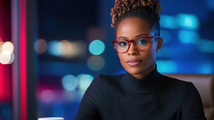 Confident woman with stylish glasses sitting at a desk in a modern office with colorful city lights at night