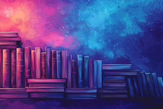 Bookshelf filled with colorful books against a stunning galaxy background creating a dreamy and imaginative space for readers and book lovers to explore the universe of knowledge