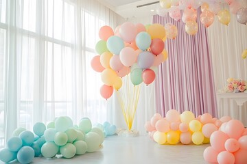 Pastel balloons in a bright room for a party.