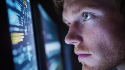 A closeup of a workers eye focused on a screen displaying a complex algorithm symbolizing the analytical skills required to harness machine learning for predictive maintenance.