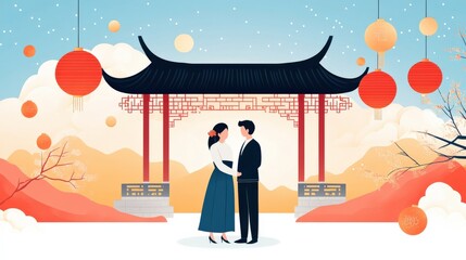 Romantic Couple Embracing Under Lanterns with Traditional Architecture in Scenic Mountain Landscape