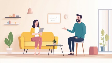 Modern Living Room Scene with Man and Woman Engaged in Conversation in Bright and Cozy Interior Design