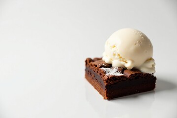 A delectable chocolate brownie topped with a scoop of creamy vanilla ice cream, delicately dusted with powdered sugar, a perfect dessert treat