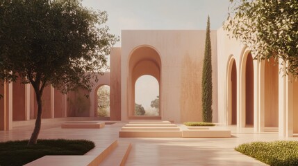 Fototapeta premium Serene architectural courtyard with soft lighting, lush greenery, and elegant arches