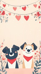 Cute Cartoon Dogs with Heart Decoration and Floral Elements for Valentine's Day or Love Theme