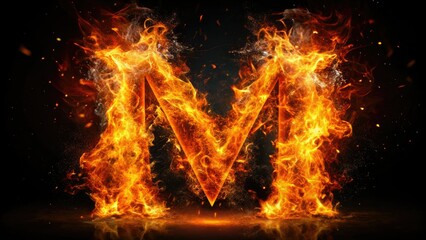 A burning letter M, crafted from fire, forms a striking isolated alphabet in stunning flame photography.
