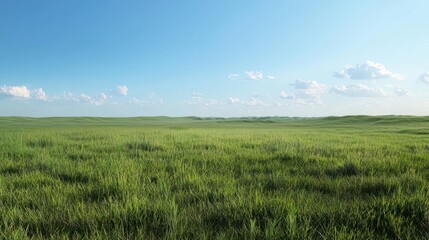 Expansive green landscape under a clear blue sky with clouds.