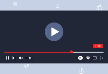 Social media video player screen template, mobile video player. Video player mockup, app, ui ux. Channel interface. Social media concept. Play button icon