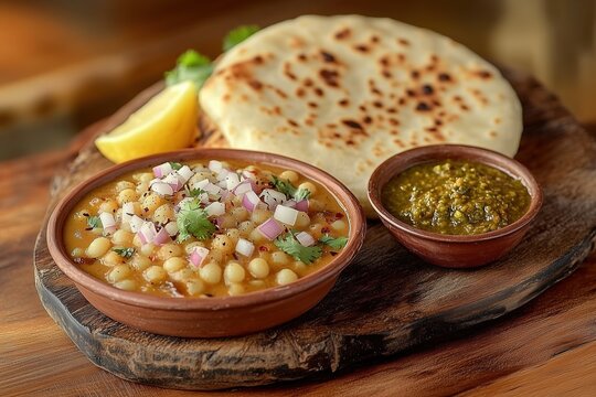 Traditional Indian Matar Kulcha Street-Style Meal with Vibrant Garnishes and Rustic Wooden Table Setting
