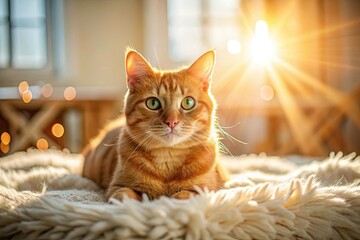 Obraz premium Adorable fluffy red cat, aerial view, snuggled on a blanket in a cozy bedroom. Drone photography captures its cuteness.