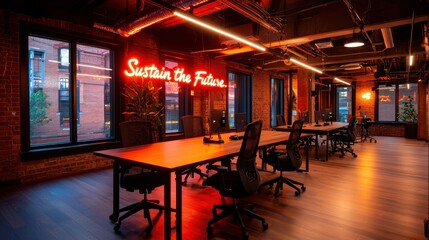 A modern office space featuring wooden floors, large windows, and a neon sign that reads "Sustain the Future," creating an inviting work environment.