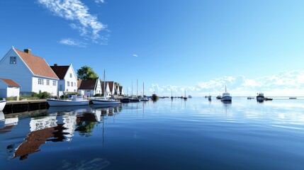 Fototapeta premium Coastal village harbor, sunny day, calm water, boats, houses