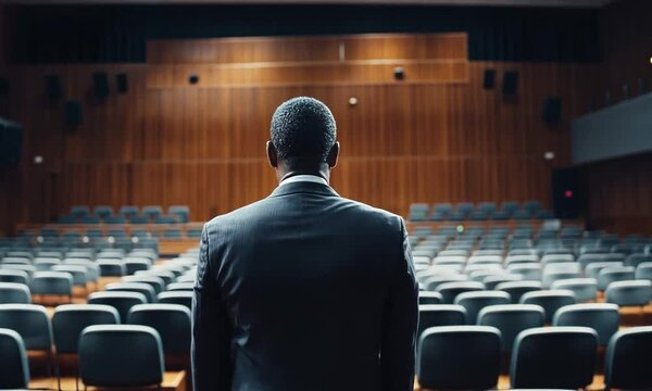 A man in a suit stands before empty theater seats, preparing for a presentation.