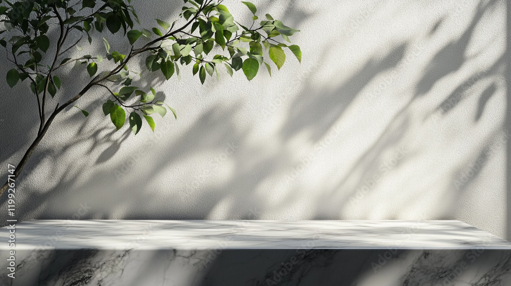 Poster light and shadow interplay on a minimalistic shelf with greenery in the background