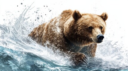 Obraz premium A bear fishing in a stream, with water droplets splashing, isolated on a white background,