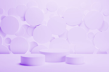Set of three light purple round podiums on abstract stage, mockup. Flying circles decor. Template 3D illustration contemporary scene for presentation cosmetic products, goods, advertising, design.
