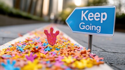 Sign saying "Keep Going" beside path covered with colorful sprinkles and decorations