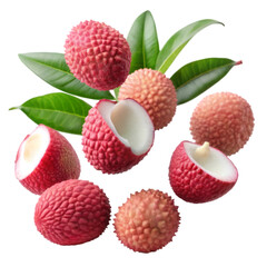 Flying lychee with leaves isolated on transparent background