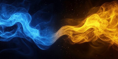 Fototapeta premium Abstract Blue and Gold Smoke: An ethereal dance of blue and gold smoke swirls in a mesmerizing abstract formation, the vibrant colors contrasting against a dark background.