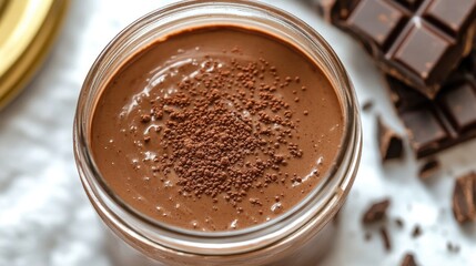Rich chocolate spread in glass jar, topped with cocoa powder, su