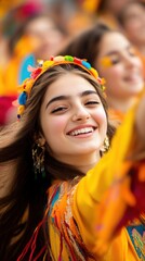 Fototapeta premium Joyful Young Dancer in Colorful Traditional Attire Celebrating at a Cultural Festival with Bright Smiles