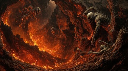 Epic battle scene with monstrous dragons and fleeing figures. Fantasy, mythology, and dark art themes