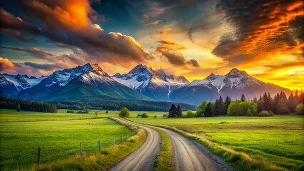 Fototapeta premium Stunning Sunset Over Snowy Mountains, Country Road, Meadow