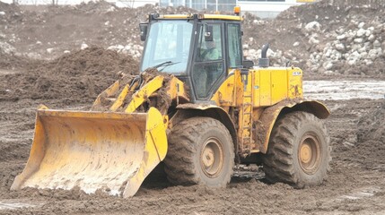 A yellow front-end loader is parked on a muddy construction site, showcasing its robust design and heavy-duty capabilities.