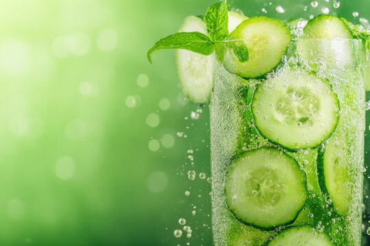 Refreshing sparkling water with cucumber slices and bubbles for a crisp summer drink