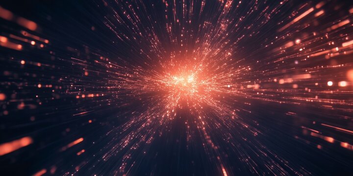 Cosmic Expansion: A mesmerizing abstract image depicting a radiant burst of light and energy, resembling the expansion of the universe or a star's birth, filled with vibrant orange and red hues.